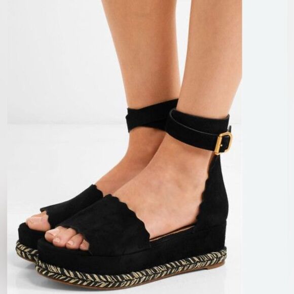Chloe Black Suede Lauren Espadrille Wedge Sandals Size 36 - Picture 1 of 16